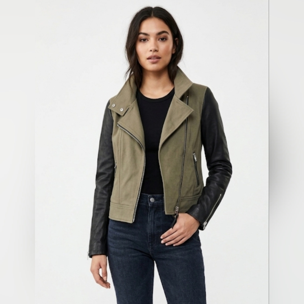 ✨ Mackage Andra Leather Sleeve Canvas Moto Jacket 🖤 Two-Tone Like NEW | Size: S